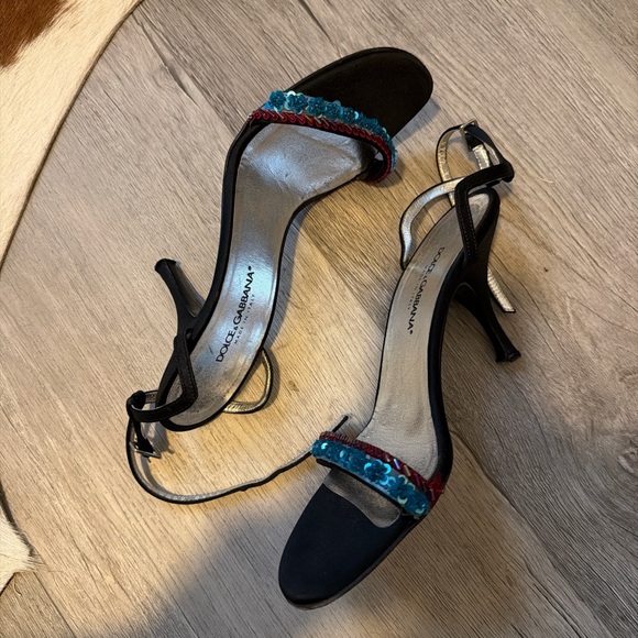 Dolce & Gabbana Shoes - Dolce & Gabbana Black Heeled Sandals with Teal and Red Bead Trim